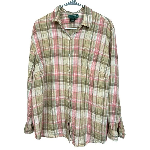 Lauren Ralph Lauren Womens Green/Pink Plaid Linen Button down Shirt Size 2X - Picture 1 of 8